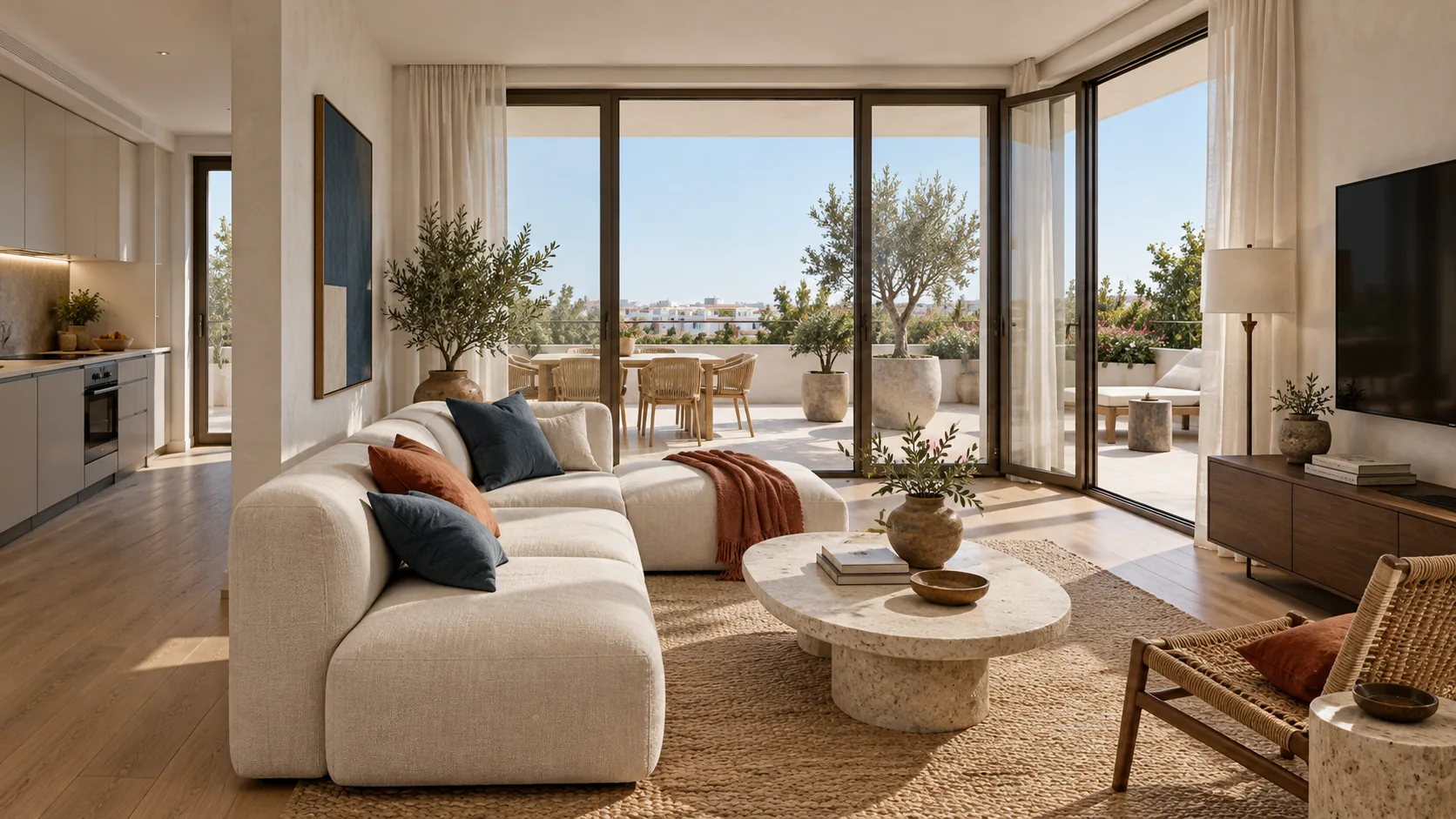 Randare 3D a livingului Casa Levante, cu canapea ivoire, lumină naturală și accente mediteraneene.